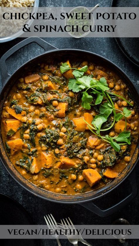 Healthy Vegetarian Curry Recipes, Sweet Potato And Spinach Curry, Sweet Potato Spinach Curry, Vegetarian Recipes Spinach, Spinach Potato Curry, Potato And Spinach Curry, Sweet Potato Spinach Soup, Quick And Easy Meatless Dinner Recipes, Spinach And Sweet Potato Recipes