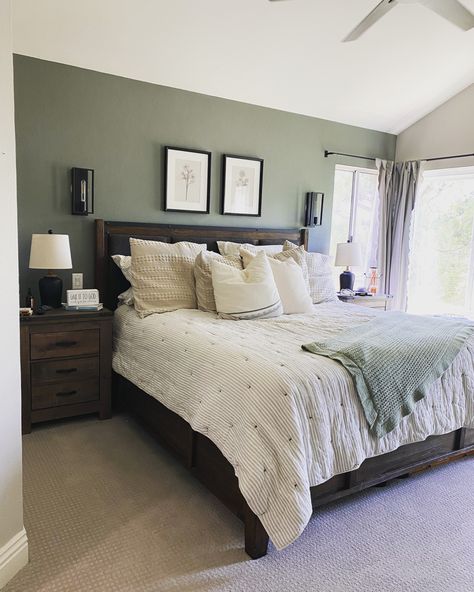 Bedroom Gray And Green, Sage Green Bedroom Dark Furniture, Sage And Dark Brown Bedroom, Master Bedrooms Decor Farmhouse Sage Green, Sage Green Bedroom With Dark Wood Furniture, Sage And Dark Wood Bedroom, Green Bedroom With Wood Furniture, Green Bedroom With Dark Wood Furniture, Green And Mahogany Bedroom