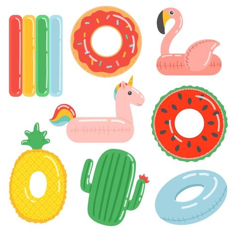 Rubber ring summer set flat design vecto... | Premium Vector #Freepik #vector #background #travel #water #design Pool Float Doodle, Pool Float Illustration, Summer Items Illustration, Summer Vector Illustrations, Pool Float Drawing, August Illustration, Summer Vector, Summer Window, Wave Illustration