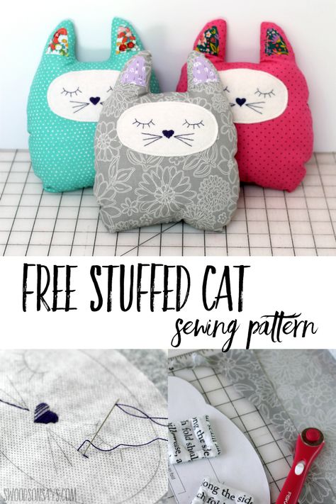 Sew up a free stuffed cat sewing pattern with this easy beginner sewing tutorial! See the video or photo walk through to sew this simple stuffed animal pattern. Cat Sewing Pattern, Cat Sewing, Stuffed Cat, Animal Sewing Patterns, Sewing Stuffed Animals, Stuffed Animal Cat, Photo Walk, Beginner Sewing, Beginner Sewing Projects Easy