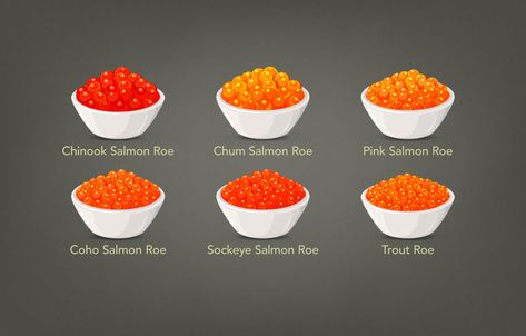 Chum Salmon Roe, Pink Salmon Roe, Sockeye Salmon Roe, Coho Salmon Roe, Chinook Salmon Roe and Trout Roe in the bowls. Salmon Roe Caviar, Salmon Roe Recipes, Crk Oc, Caviar Appetizers, Types Of Caviar, Salmon Caviar, Caviar Recipes, Serving Ideas, Red Caviar