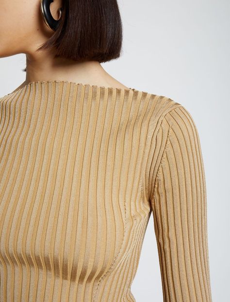 Beige ribbed-knit straight-neck top from PROENZA SCHOULER featuring boat neck, ribbed knit and half-length sleeves. Shoulder Pads Fashion, Mother Archetype, Kibbe Style, Rib Sweater, Knit Structure, Sheer Knit, Rib Knit Fabric, Rib Knit Top, Bags And Shoes