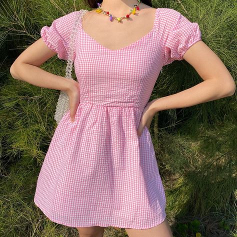 Harajuku Dress, Picnic Dates, 90’s Outfits, Pink Gingham Dress, Y2k Dress, Picnic Dress, Puff Dress, Dress Handmade, Korean Dress