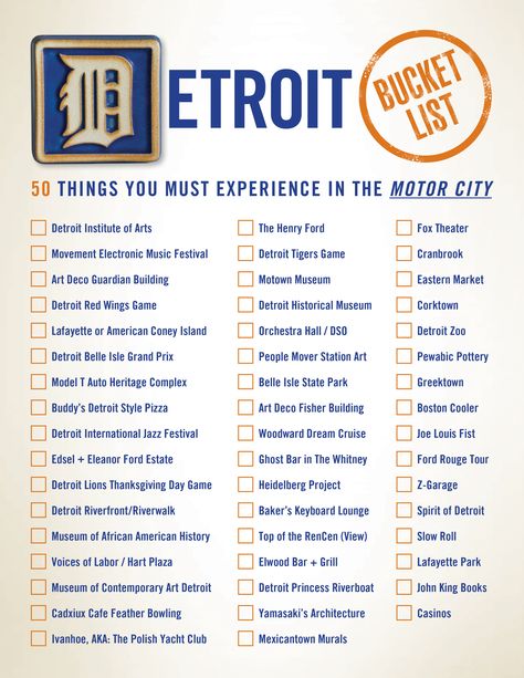 Detroit Bucket List Detroit Bucket List, City Activities, Michigan Bucket List, Eastern Market Detroit, Electronic Music Festival, Detroit City, Midwest Travel, Detroit Institute Of Arts, Travel Bucket List Usa