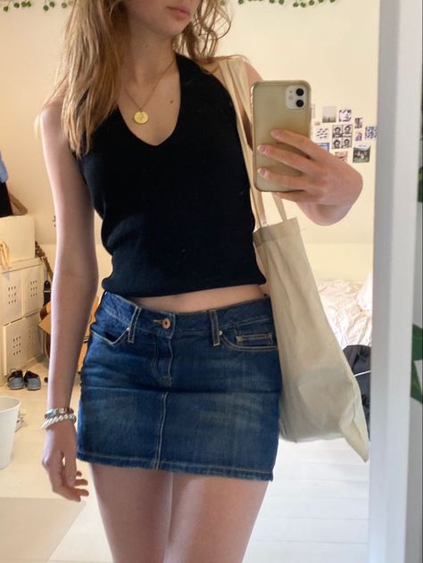 Aesthetic Halter Top Outfit, Cute Outfits Denim Skirt, Halter Top Mini Skirt, Casual Jean Skirt Outfits Summer, Denim On Denim Outfit Skirt, Halter Top And Skirt Outfits, Denim Short Summer Outfit, Denim Top With Skirt, Denim Skirts Short