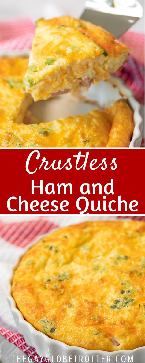 Crustless ham and cheese quiche is a keto friendly easy quiche recipe that's perfect for weekend brunch or weekday breakfast! We love making this easy quiche with eggs, heavy cream, ham, and cheddar cheese all week! #gayglobetrotter Crust Less Quiche Recipes Easy, Recipe For Kesh, Crustless Quiche Ham And Cheese, Crustless Quiche With Heavy Cream, Pie, Quiche, Crustless Ham And Cheese Quiche Easy, Crustless Sausage And Cheese Quiche, Ham Egg And Cheese Quiche