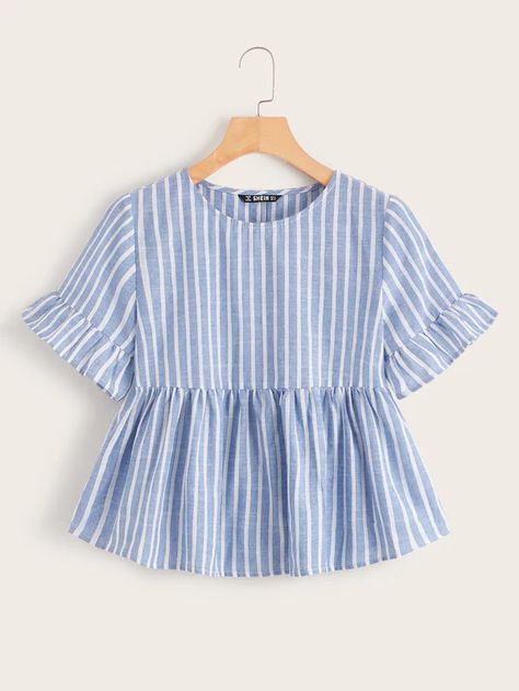 Flounce Sleeve Striped Smock Top | SHEIN Couture, Cotton Short Tops, Fashion Tops Blouse, Trendy Fashion Tops, Smock Top, Creation Couture, Modieuze Outfits, Flounce Sleeve, Girls Fashion Clothes