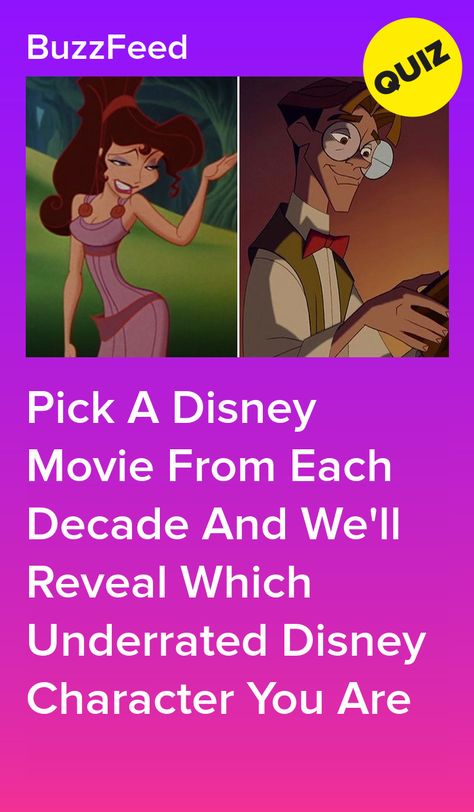 Pick A Disney Movie From Each Decade And We'll Reveal Which Underrated Disney Character You Are Underrated Disney Princesses, Disney Characters Grown Up, D&d Movie, Underrated Disney Characters, Underrated Disney Movies, Good Movies On Disney+, What Disney Character Are You, What Disney Character Am I Quiz, Which Character Are You Quiz