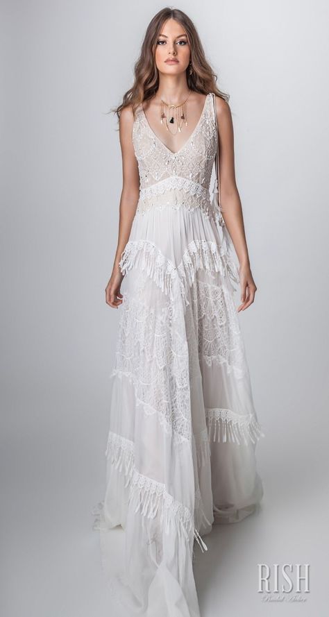 Rish Bridal 2018 “Sun Dance” Collection | Wedding Inspirasi  -- rish bridal sun dance 2018 sleeveless v neck full embellishment romantic bohemian glamorous sheath wedding dress open v back chapel train (renee) mv    ~ Rish Bridal, Chic Wedding Gown, Sun Dance, Boho Chic Wedding Dress, Boho Chique, Boho Gown, Chic Wedding Dresses, Wedding Inspirasi, Sheath Wedding