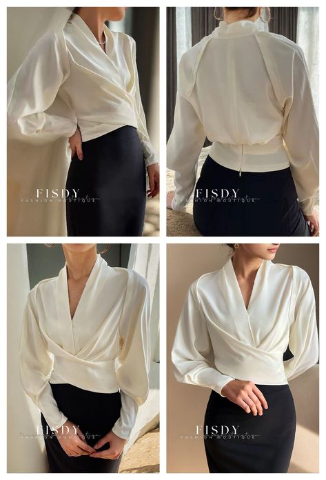 Fisdy - V-Neck Regular Fit Elegant Blouse Couture, Women Blouses Fashion Classy, Aesthetic Male Outfits, V Neck Pattern, Professional Blouses, Clothes For Women Over 50, Corporate Wear, Sunday Dress, Lit Outfits
