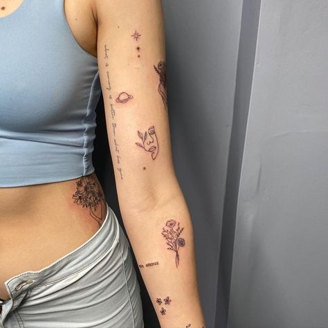 Full Sleeve Small Tattoos, Arm Stamp Tattoo, Arms Small Tattoos, Full Arm Small Tattoos, Sticker Tattoo Arm Sleeve, Women Arm Patchwork Tattoo, Inner Arm Text Tattoo, Fine Line Tattoos Sleeve, Fine Line Tattoos On Arm