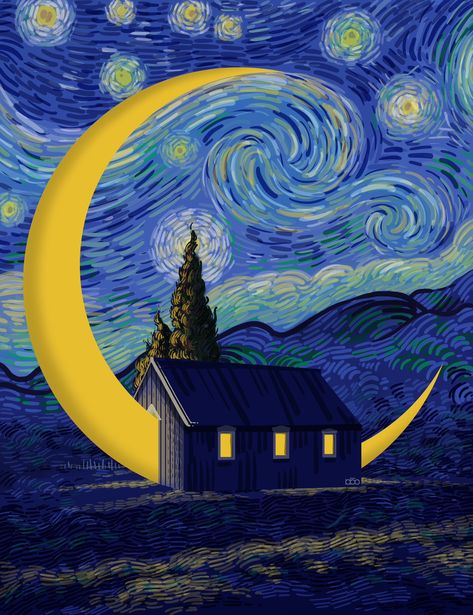 Tela, Alireza Karimi, Fractal Tattoo, فنسنت فان جوخ, Van Gogh Wallpaper, Painting Model, Stary Night, Easy Landscape Paintings, Building Painting