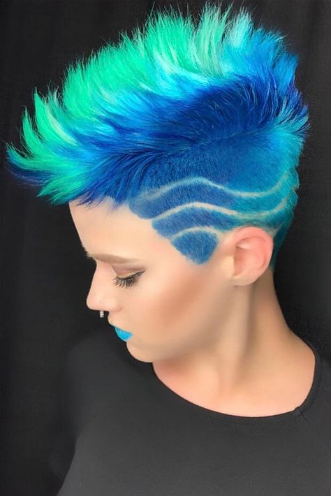 Bright Hair, Mohawk Haircut, Stylish Short Haircuts, Shaved Hair Designs, Hair Color Crazy, Mohawk Hairstyles, Hair Tattoos, Punk Hair, Funky Hairstyles