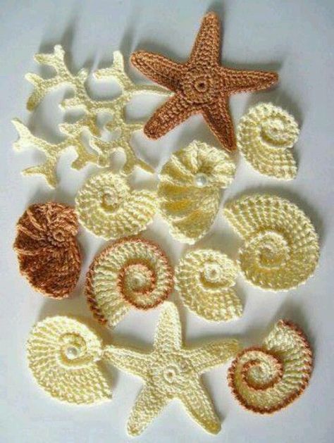 Inspiring, i really want to figure out the coral..looks easy enough Crochet Inspo Free Pattern, Crochet Motif Flower, Fun Quick Crochet Projects, Embroidery Over Crochet, Beach Theme Crochet, Crochet Moth Wings, 1 Hour Crochet Projects Easy Patterns, Fast Crochet Projects, Summer Tops Crochet