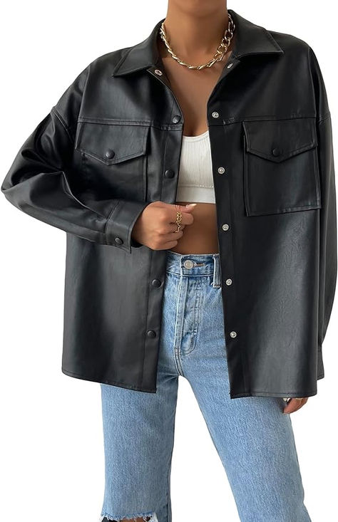 A stylish leather oversized jacket with outer pockets, perfect for fall outfits. A classic black faux leather moto jacket, perfect for creating an edgy outfit. A casual and stylish faux leather shacket, combining the style of a motorcycle jacket with the comfort of a shirt Leather Shacket, Biker Coat, Shirt Making, Long Sleeve Outerwear, Casual Outerwear, Edgy Look, Casual Coat, Motorcycle Jacket, Zip Ups