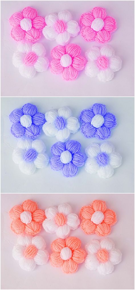 Crochet Lovely Puff Flowers - We Love Crochet Crochet Puff Flower Pattern, Puff Crochet Flowers, Crochet Puff Flowers Free Pattern, Flower Puff Crochet, Puff Flowers Crochet, Puff Flower Crochet Pattern, Crochet Puff Flowers, Puff Flower Crochet, Puff Stitch Flower