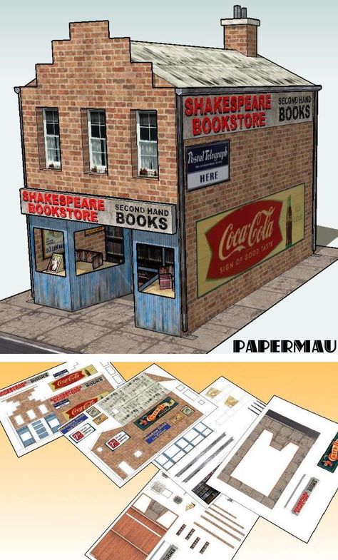 O Scale Buildings, Free Paper Models Building, Paper Buildings Free Printable, Shakespeare Bookstore, N Scale Buildings, Paper Models House, Paper Craft Template, Paper Buildings, Paper House Template