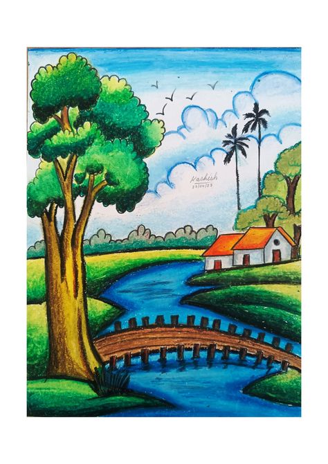 Sinari Drawing Easy, Scenery Drawing With Crayons, Natural Seen Drawing With Colour, Easy Drawings For Beginners With Color, A Scenery Drawing, Easy Drawing Of Nature, Easy Landscape Drawing Oil Pastel, Oil Pastel Drawings Nature, Oil Pastel Scenery Easy