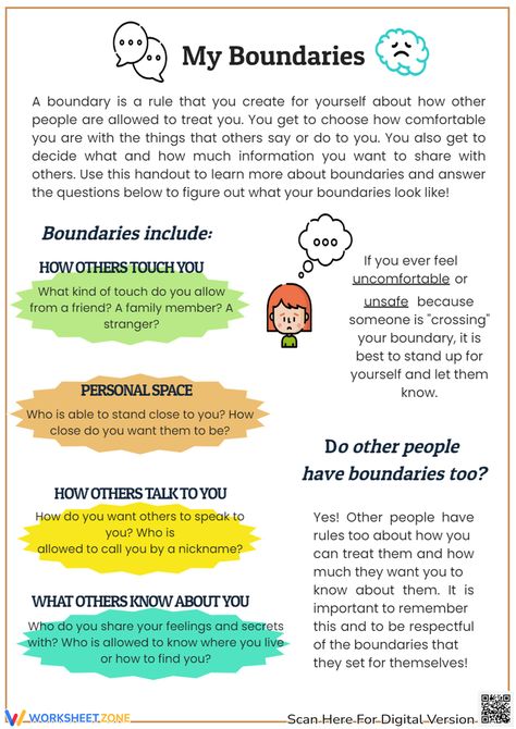 My Boundaries Worksheet Tfcbt Activities For Kids, Free Counseling Worksheets, Mentee Activities, Personal Boundaries Worksheet, Cbt Interventions, Family Therapy Interventions, Teaching Boundaries, Boundaries For Kids, Setting Boundaries Worksheet