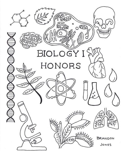 Cover for the teenager's Biology binder. #inkdrawing #biology Zoology Project Cover Page Ideas, Biology Portfolio Cover, Biology Aesthetic Cover Page, Biology Aesthetic Drawing, Biology Cover Page Design Aesthetic Easy, Biology Cover Page Design Aesthetic, Biology Book Cover Design, Biology Art Draw, Anatomy And Physiology Binder Cover