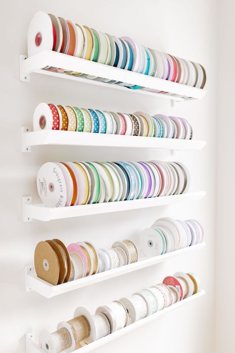 Ribbon Storage Ideas, Wall Mounted Ribbon Rack by Baby Blossom Company Ribbons Organization Ideas, Florist Ribbon Storage, Tela, Organisation, Wall Ribbon Storage, Ribbon Holder Ideas Organizing, Flower Storage Ideas, Ribbon Organization Ideas, Ribbon Storage Ideas Diy