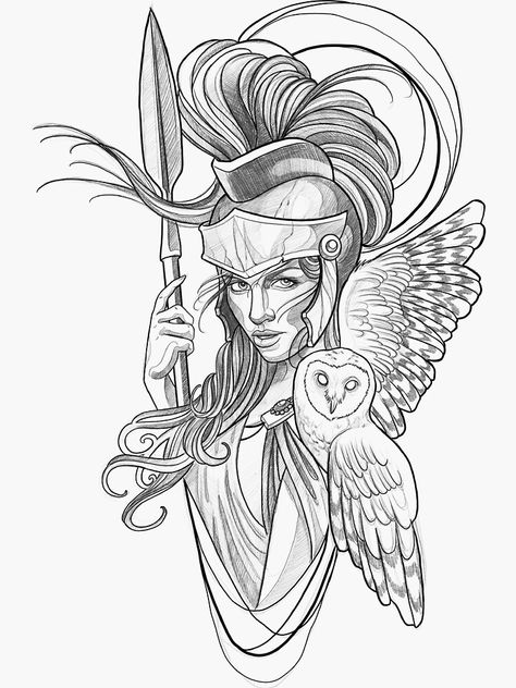 "Athena goddess" Sticker by LecoLA | Redbubble Athena Tattoos Goddess, Greek Goddess Athena Tattoo, Goddess Of Wisdom Tattoo, Greek Athena Tattoo, Athena Art Drawing, Roman Goddess Tattoo, Athena Goddess Drawing, Greek Goddess Tattoo Athena, Goddess Athena Tattoo