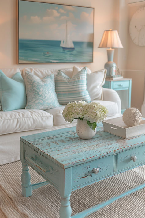 summery living room, beachy living room, coastal living room, blue and white living room decor Gray Beach House Decor, Blue White Coastal Living Room, Small Beach House Decorating Ideas, Beach Vibe House Decor, Tiny Coastal Living Room, Coastal Christmas Living Room, Beach Themed Family Room, Shabby Chic Beach Cottage, Costal Granddaughter Living Room