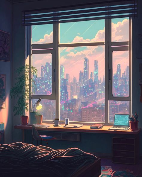 Bed City View Night, Looking Out Window Illustration, City From Window, City View Drawing, Morning Window View, Window City View, City Window View, Window View City, Escape Art