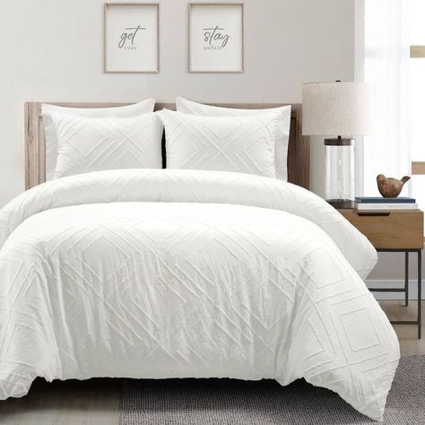 3-Piece Set Includes: 1 Duvet Cover, 2 Pillow Shams Full/Queen: Duvet Cover: 92"H X 90"W; Pillow Shams: 20"H X 26"W King: Duvet Cover: 92"H X 104"W; Pillow Shams: 20"H X 36"W Fabric Content: 100% Polyester Includes Inner Ties In The Corner Care Instructions: Machine Washable. Tumble Dry Low. Description Style Starts With Dimension. This Minimalist Diamond Clip Jacquard Duvet Cover 3 Piece Set Delivers Just That In Rows Of Texture Laid Out In An Original Diamond Figure. Modernize Your Space With Unique Duvet Covers, Oversized Quilt, Guest Bedroom Design, Sophisticated Bedroom, White Duvet, Lush Decor, White Duvet Covers, Interior Designing, White Home Decor