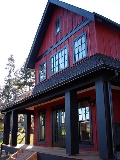 Red Exterior House Colors, Red House Exterior, Modern Cottage Style, Red Farmhouse, Red Houses, Lake Houses Exterior, House Paint Color Combination, Exterior House Paint Color Combinations, Exterior House Color