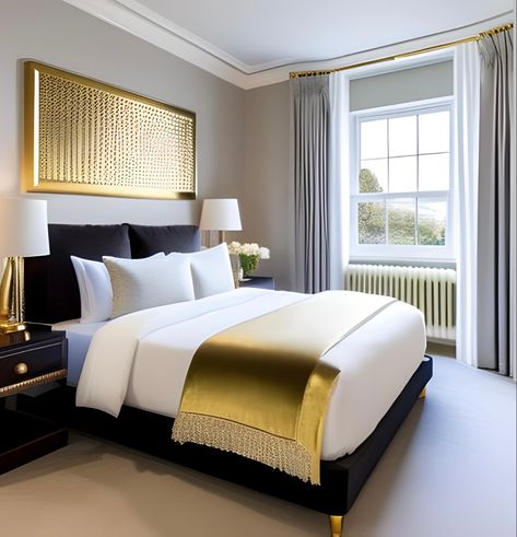 Black Gray And Gold Bedroom Ideas, Ivory And Gold Bedroom, Black And Gold Accent Wall Bedroom, Silver And Gold Bedroom Ideas, White Gold Black Bedroom, Funky Airbnb, Gold Accent Wall Bedroom, Black And Gold Room, Black White And Gold Bedroom