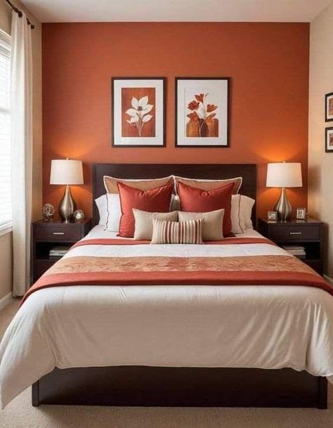 Accent Ceiling Ideas, Orange Bedroom Walls, Bold Bedroom, Room Color Combination, Bedroom Interior Design Luxury, Home Making, Bedroom Orange, Bedroom Renovation, Decoration Inspiration