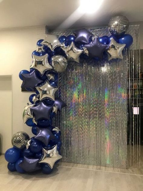 50+ Best DIY Baby Shower Backdrop Ideas | HubPages Night Under The Stars Centerpieces, Birthday Party Disco Theme, Midnight Theme Party, Blue And Silver Balloons, Blue Party Decor, Silver Birthday Party, 17. Geburtstag, Fest Temaer, Space Party Decorations