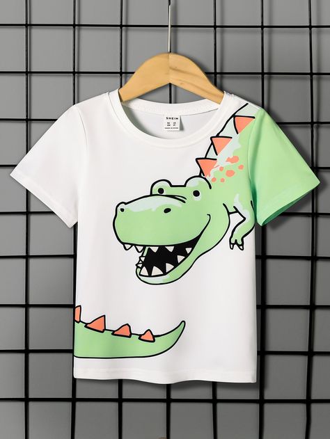 White Casual Collar Short Sleeve Polyester Cartoon  Embellished Medium Stretch  Toddler Boys Clothing Dinosaur T Shirts For Kids, Boys T Shirt Print, Boys T Shirt Design, Kids Tees Design, Clothing Fabric Patterns, Kids Tshirt Designs, Fabric Paint Shirt, Kids Wear Boys, Baby Clothes Brands