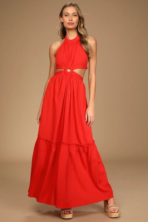 Stroll around under the sun with the Lulus Island Vacay Red Tie-Back Maxi Dress! Lightweight crinkle-woven fabric shapes this dress that has a tying halter neckline and a fitted bodice that ties at the back. The cutout waist has a center O-ring that tops a full maxi skirt with a tiered hem. Elastic at back of waist for fit. Red Maxi Dress Casual, Flowy Red Dress, Red Flowy Dress, Print Chiffon Maxi Dress, Red Maxi Dress, White Lace Maxi, Full Maxi Skirt, Red Maxi, Maxi Gown Dress