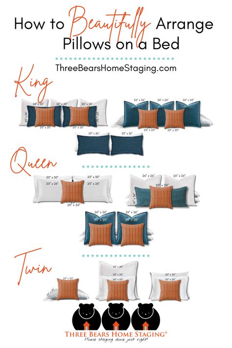 How to arrange pillows on a bed depends on the size of the bed, the style of the room, and the type of pillows you’re using. A well-staged bedroom conveys an atmosphere of calm, rest, and relaxation. Let’s take a look at a few different ways to style throw pillows for beds that will wow potential buyers and show them what a relaxing space you have to offer. Twin Bed Pillows Arrangement, King Bed Pillows Arrangement, Bedroom Pillows Arrangement, Bed Pillow Arrangement, Beautiful Bed Designs, Cama King Size, Home Staging Tips, Creative Bedroom, Pillow Arrangement