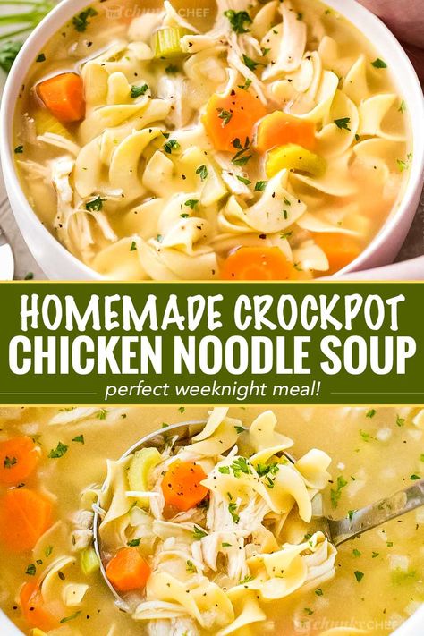 Crockpot Chicken Noodle Soup, Crockpot Chicken Noodle, Chicken Noodle Soup Instant Pot, Chicken Noodle Soup Recipe Homemade, Puppy Chow Chex Mix Recipe, Chicken Broth Recipes, The Chunky Chef, Chicken Noodle Soup Crock Pot, Chicken Crockpot Recipes Healthy