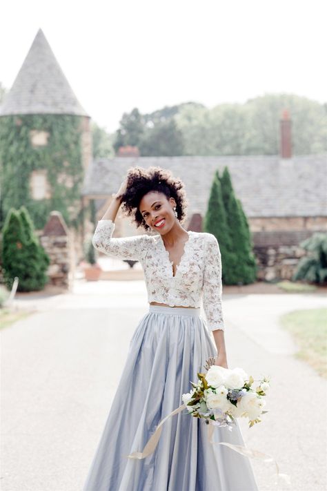 Two Piece Wedding Dress Colorful, Separates Wedding Dresses, Wedding Separates Two Pieces, Skirt And Blouse Wedding Dress, Blue Wedding Skirt, Bridal Top And Skirt, Wedding Top And Skirt, Skirt And Top Wedding Dress, Bride Skirt And Top