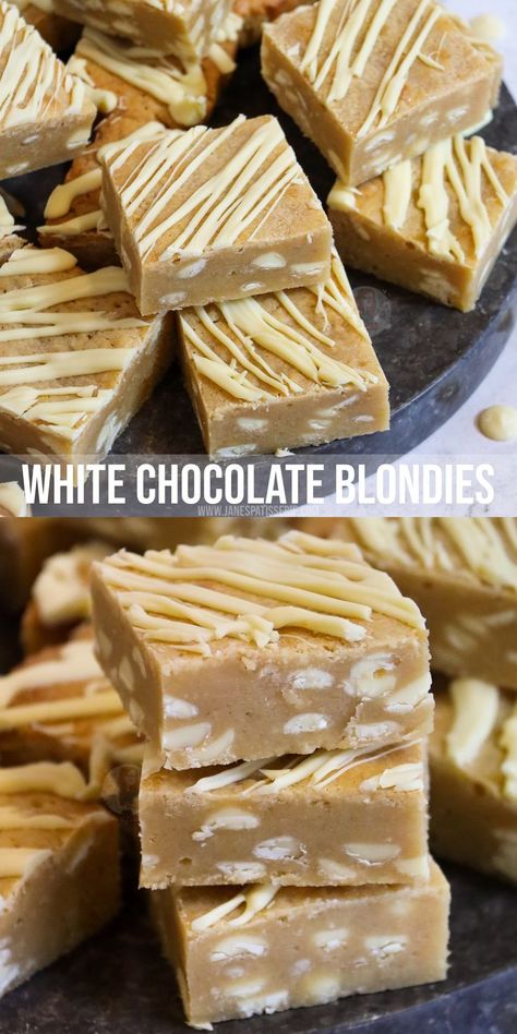 Patisserie, White Chocolate Blondies Recipe, Blondies Recipe Easy, White Chocolate Desserts, White Chocolate Brownies, Chocolate Blondies, White Chocolate Blondies, Janes Patisserie, Chocolate Chip Blondies