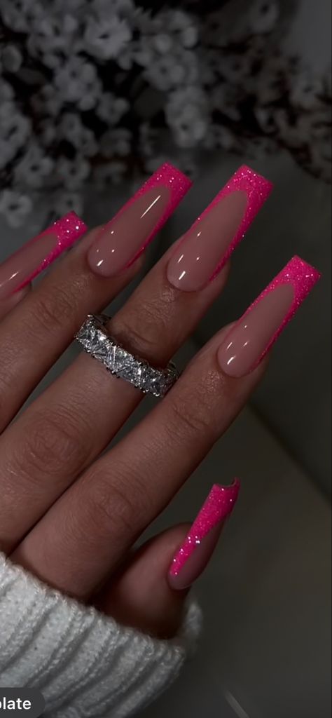 Purple And Pink French Tip Nails, Hot Pink Nails Medium Length, 13 Going On 30 Nails, Hot Pink French Tip Coffin, Long Pink Square Acrylic Nails, Red Nails Designs Acrylic, Dark Pink Acrylics, Pink Nails For Hoco, Birthday Nails Inspo Pink