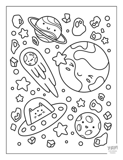 Kawaii alien cats, planets, moon rocks, and more. Mini Colouring Pages, Cute Doodle Coloring Pages, Simple Colouring Pages For Adults, Paint Activities For Adults, Printable Activity Sheets For Adults, Printable Coloring Pages Simple, 3 Marker Challenge Coloring Pages, Cute Witchy Coloring Pages, Digital Coloring Book