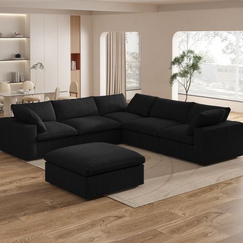 This sectional goes to town with a high-design aesthetic, sleek sophistication and sumptuous comfort that are temptingly affordable. Modern Sofa Black, Sectional Living Room Inspiration, Black Couch Organic Modern, Black Couch Living Room Aesthetic, White Living Room Black Couch, Cozy Men’s Living Room, Black Theme Home Decor, Gray Black And White Living Room Decor, Living Room Couch Set Up