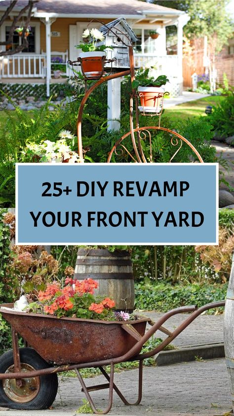 25+ DIY Revamp Your Front Yard Outdoor Front Entrance Ideas Landscaping, Front Yard Diy Cheap, Decorative Yard Ideas, Front Yard Garden Decor Ideas, Front Yard Feature Ideas, Corner Fence Landscaping Ideas, Front Garden Decor Ideas, Barrel Planter Ideas Front Yards, Front Yard Decor Ideas Diy Budget