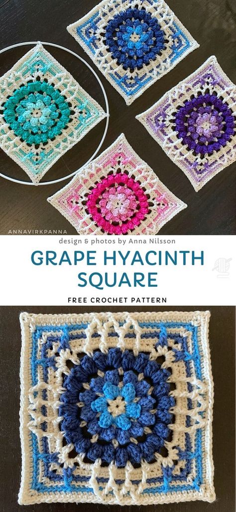 Beautiful Crochet Mandala Squares. Spring is all about flowers - this project is the embodiment of spring. Those stunning blossoming flowers will make an amazing blanket - make it in different colors, or just pick one that suits your decor.  #freecrochetpattern #flower #square Beginners Crochet Patterns, Grape Hyacinth, Granny Square Crochet Patterns, Granny Square Crochet Patterns Free, Crochet Cushion Cover, Beginners Crochet, Crochet Mandala Pattern, Crochet Motif Patterns, Crochet Hexagon