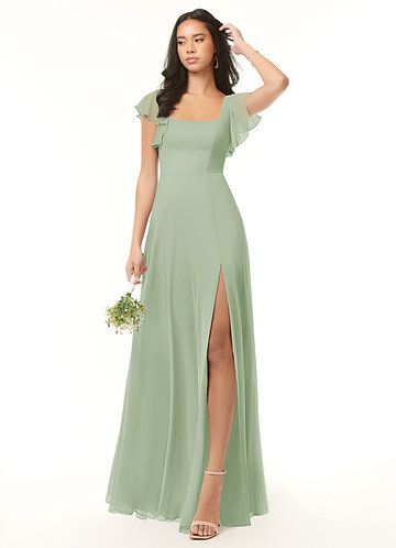 Dusty Sage Azazie Deandra Bridesmaid Dresses | Azazie Bridesmaid Dresses Azazie, Green Bridesmaid, Azazie Bridesmaid Dresses, Green Bridesmaid Dresses, Full Length Dress, Chiffon Ruffle, Chiffon Maxi, Chiffon Bridesmaid Dress, Chiffon Maxi Dress