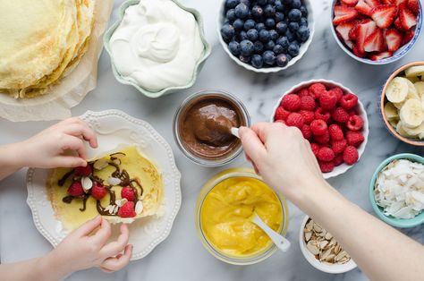 How to Set Up a Crepe Bar Crepe Bar, Crepes Party, Party Breakfast, Brunch Bar, Healthy Brunch, Savory Crepes, Chocolate Hazelnut Spread, Crepe Recipes, Bar Party