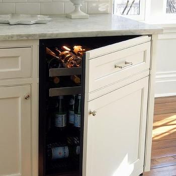 Fridge Design Ideas, Corner Fridge, Creamy White Cabinets, Fridge In Kitchen, Wine Fridge Cabinet, Mini Fridge Cabinet, Carrera Marble Countertops, Fridge Design, Accent Wall In Kitchen