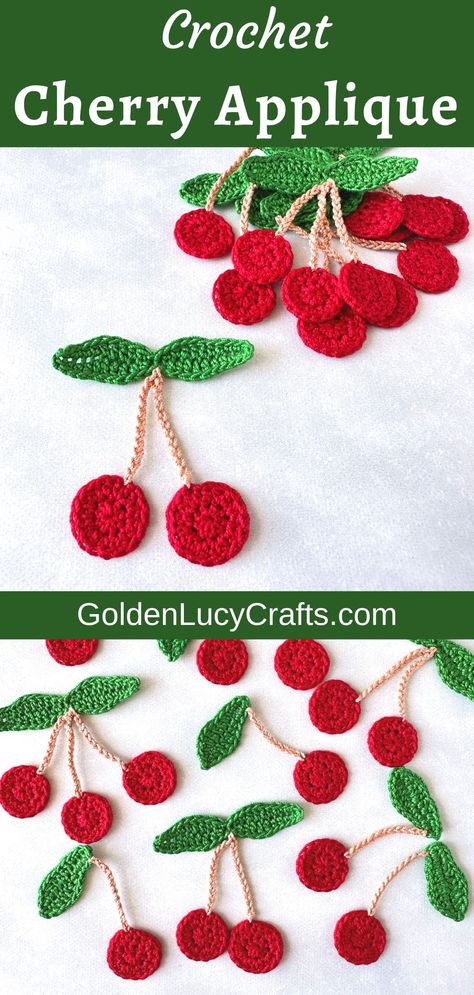 Crocheted cherry appliques. Cherry Crochet Applique, Amigurumi Patterns, Cherry Granny Square Crochet, Fruit Crochet Applique, Cherry Applique Pattern, Crochet Cherry Applique, Crochet Fruit Applique Free Pattern, Crochet Blueberry Applique, Strawberry Crochet Applique Free Pattern