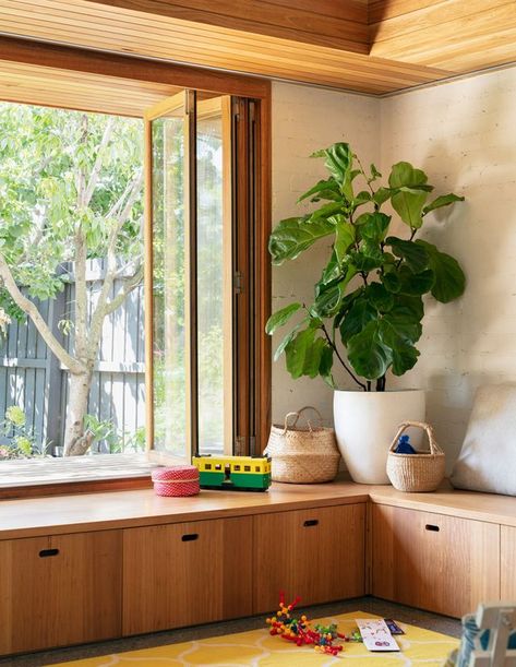 A Sustainable Home, Designed To Connect To Community | The Design Files | Bloglovin’ Architectural Digest, Window Seat Design, Bungalow Renovation, Window Benches, Emily Henderson, Built In Bench, The Design Files, Sustainable Home, Window Seat