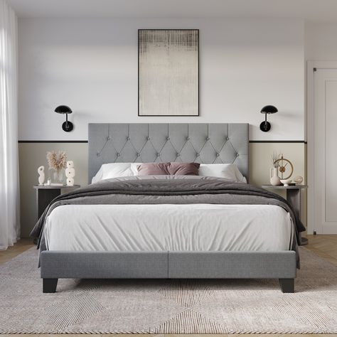 Dillon Tufted Upholstered Panel Bed - Bed Bath & Beyond - 39099505 Gray Tufted Bed, Grey Headboard Bedroom, Gray Upholstered Headboard, Tufted Bed Frame, Queen Platform Bed Frame, King Size Platform Bed, Grey Headboard, Tufted Upholstered Headboard, Velvet Upholstered Bed